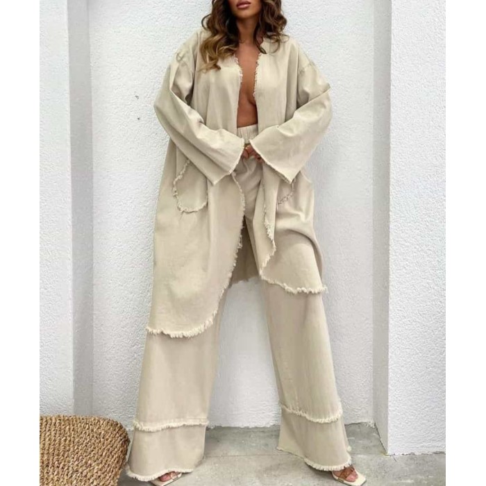 Ensemble Kimono Long A Franges et Pantalon Ale Avec Lin